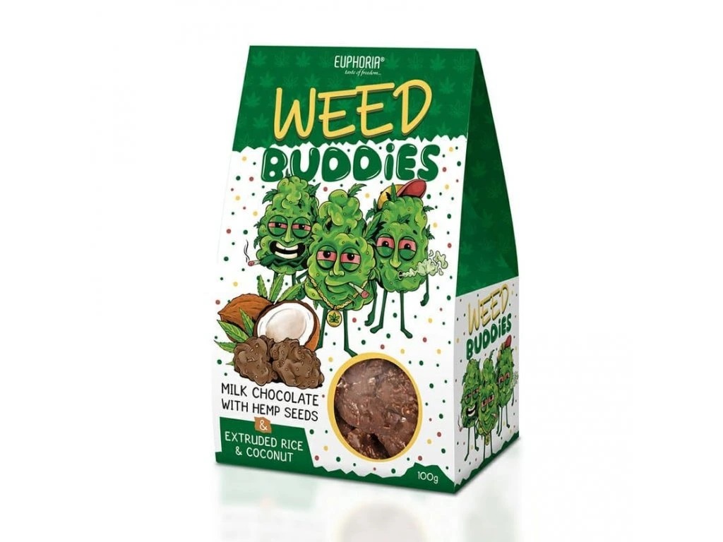 Euphoria Weed Buddies czekolada mleczna z nasionami konopi, kulkami ryżowymi i kokosem 100 g